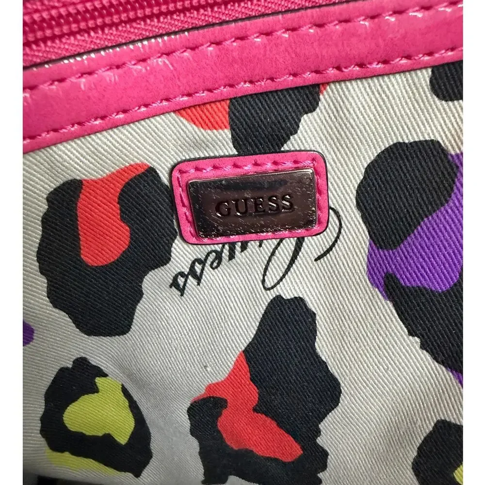 GUESS Satchel Black/White with Pink Trim Zipper Closure‎ Handbag